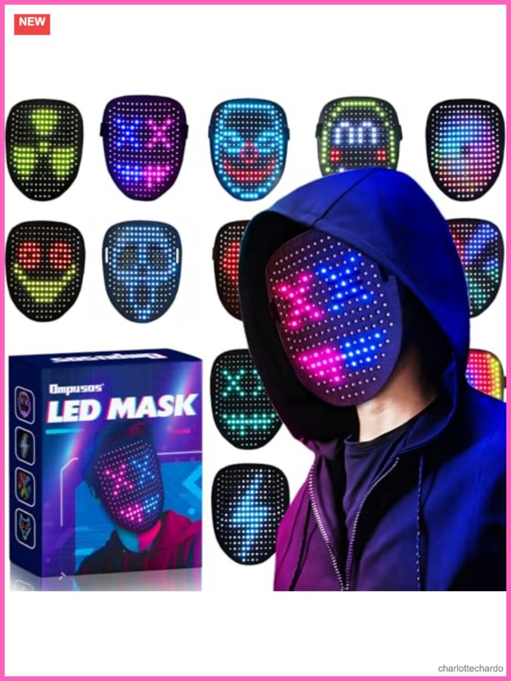 LED Light Up Mask Gesture Sensing 50 Patterns Rechargeable Costume